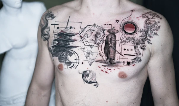 Японская Pagoda, Samurai tattoo на Грудь
