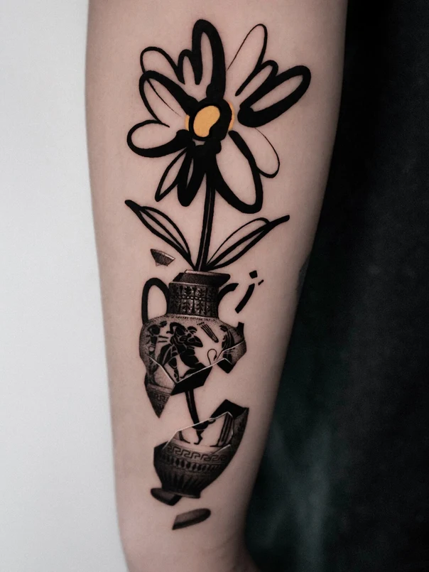 Illustrative Flower, Vase tattoo on Forearm