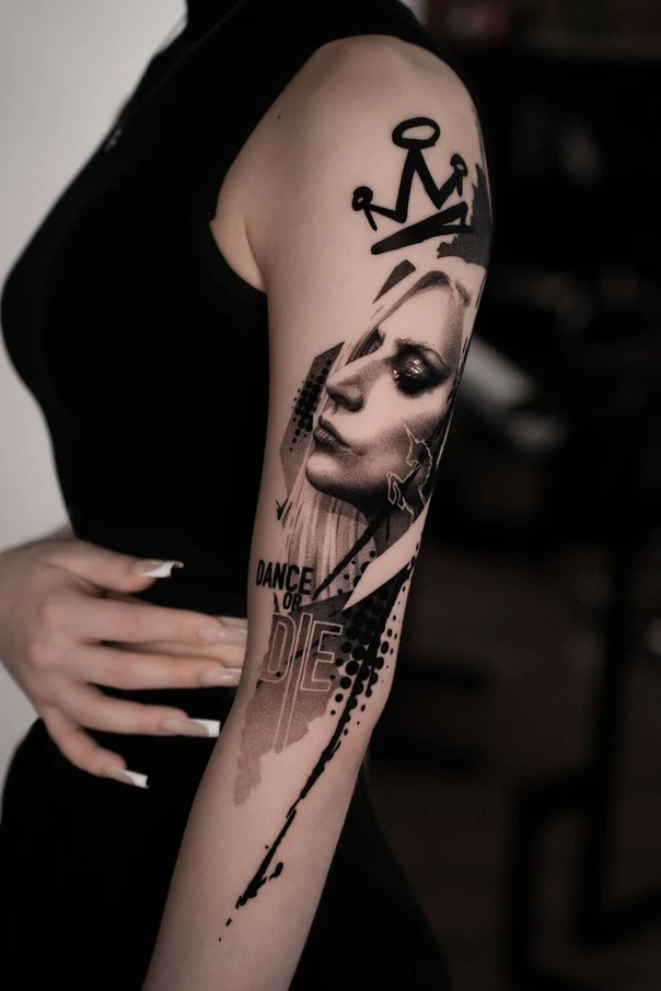 Blackwork Portrait, Crown tattoo on Forearm
