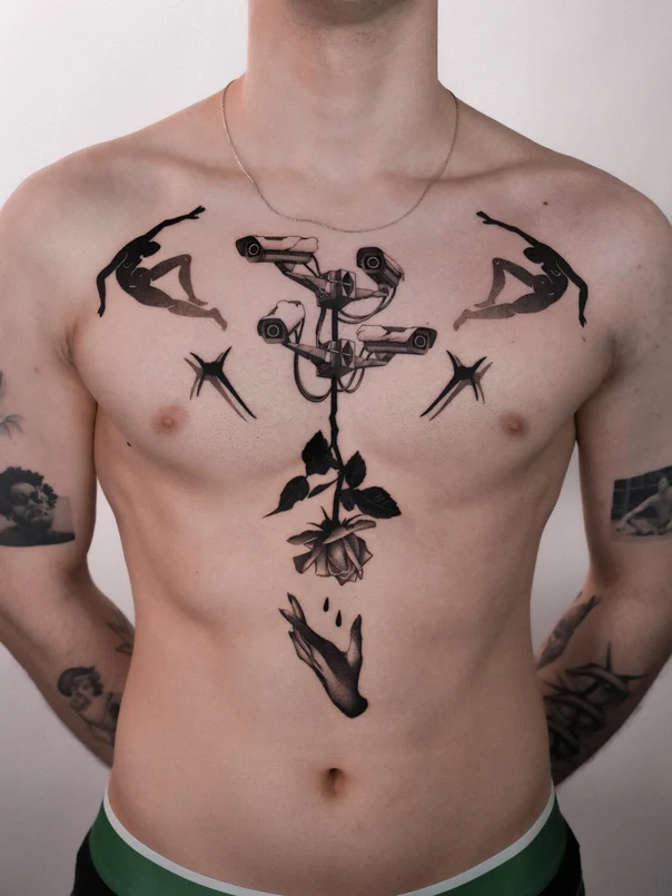 Blackwork Rose, Hand tattoo on Chest