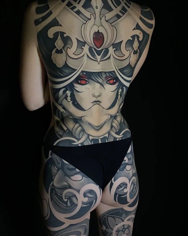 Японская Demon, Ornamental tattoo на Спина (полная)
