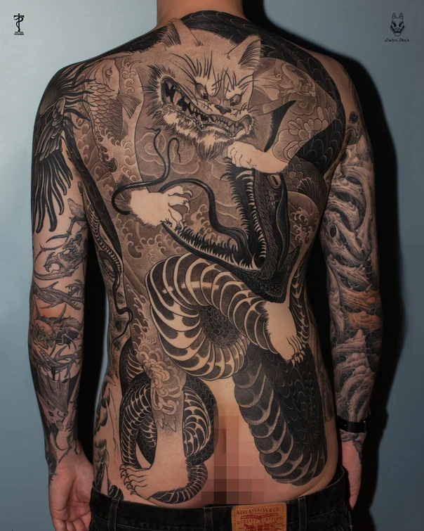 Японская Dragon, Cat tattoo на Спина (полная)