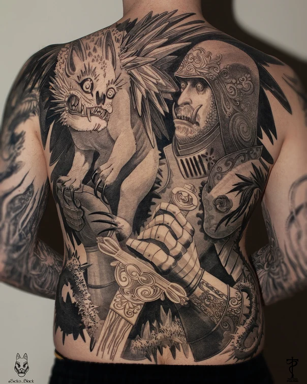 Иллюстративная Creature, Knight tattoo на Спина (полная)