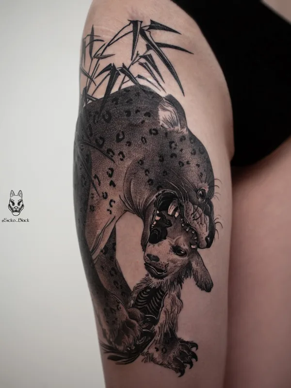 black and grey black and grey Tatuaggio su thigh #96937 | Tatuatore Sicko Black