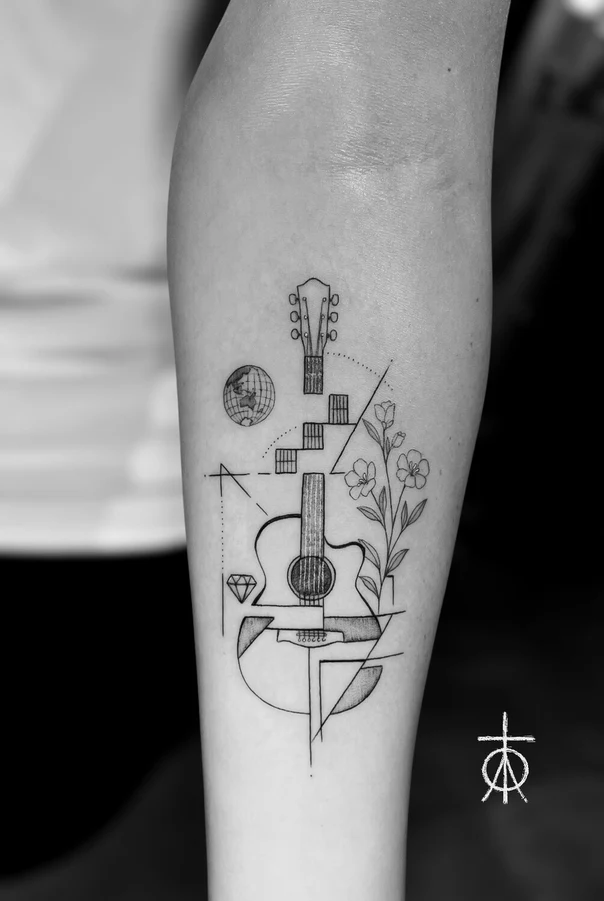 Geometric Guitar, Flowers tattoo on Forearm