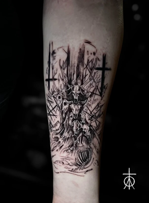 Blackwork Skull, Deer tattoo on Forearm