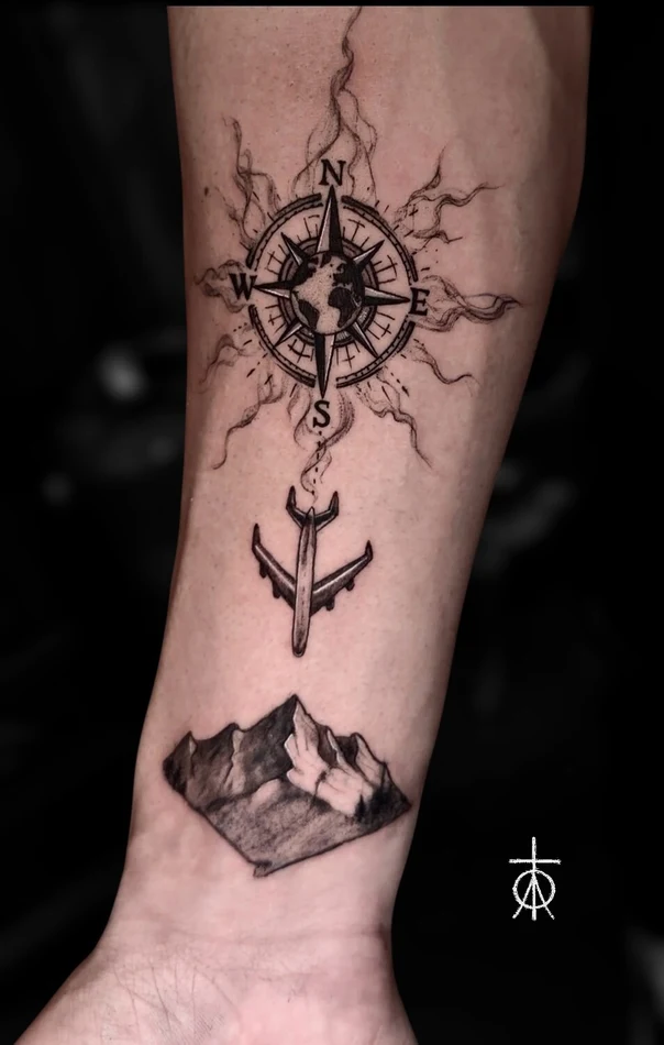 Blackwork Compass, Airplane tattoo on Forearm