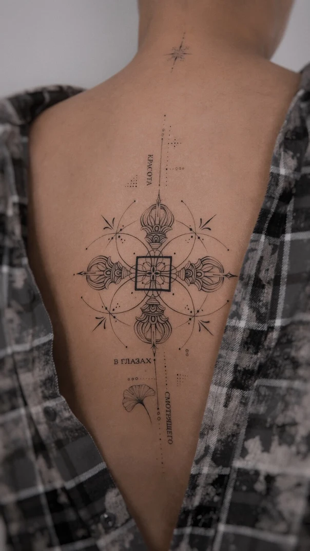 Лайнворк Mandala, Geometric tattoo на Верхняя часть спины