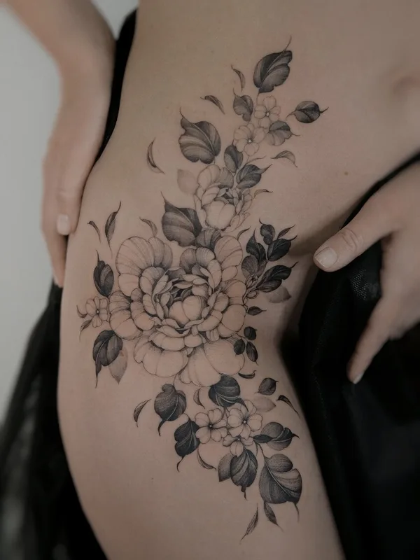 female black graphic tattoo auf thigh #94023 | Tätowierer Juliaavoo