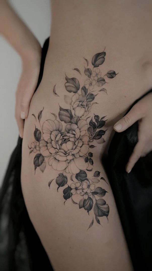 Ботаническая Flowers, Leaves tattoo на Бедро (верх)