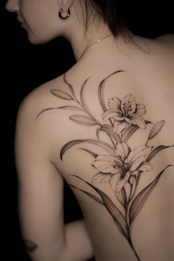 Файнлайн Flower, Lily tattoo на Лопатка