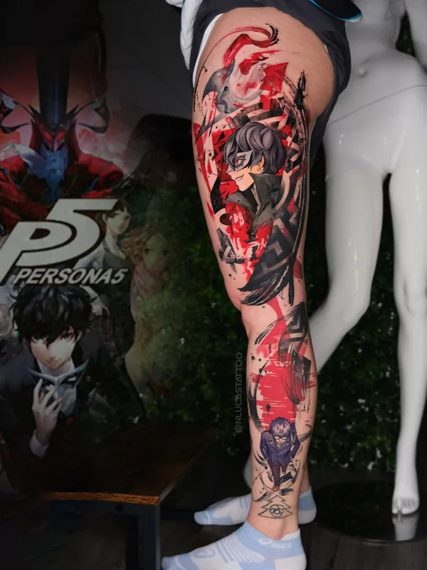 female color trashpolka 纹身 在 leg #97195 | 纹身师 Nik Lucas