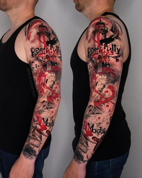 Illustrative Lighthouse, Skull tattoo on Full Sleeve