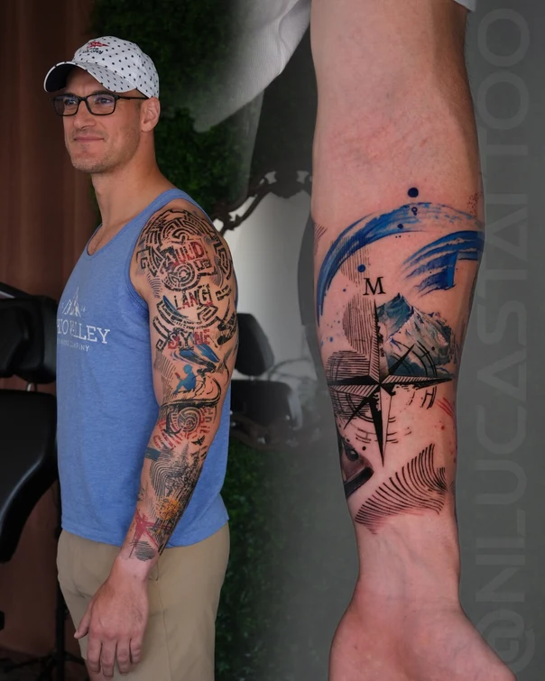 Watercolor Compass, Landscape tattoo on Forearm