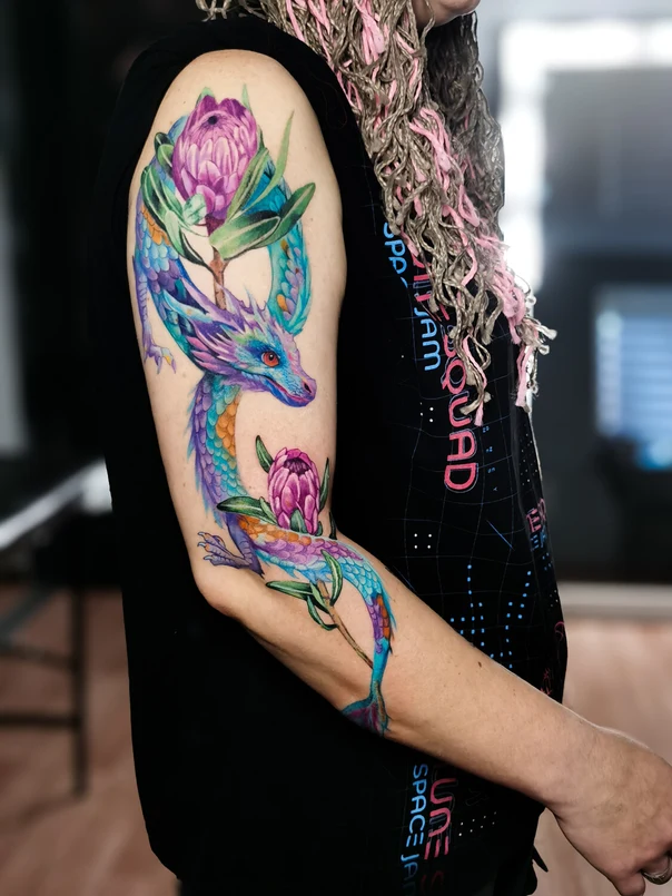 Illustrative Dragon, Flower tattoo on Full Sleeve