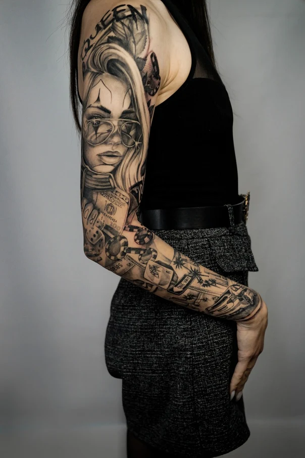 Black & Grey Portrait, Clown tattoo on Full Sleeve