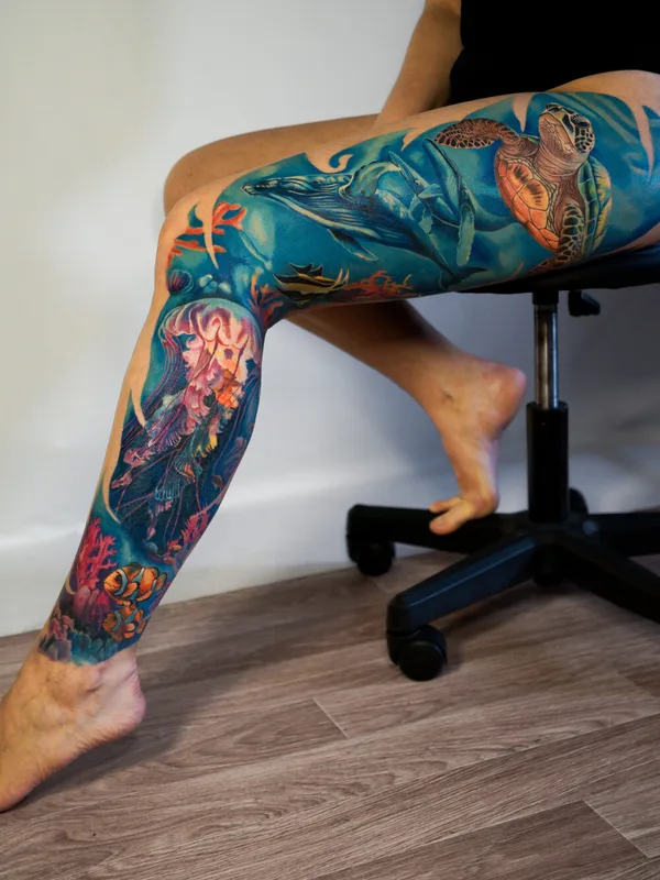 color illustrative tatouage sur full leg #99770 | Artiste tatoueur Mariia Bortn
