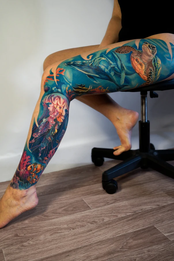 Illustrative Sea turtle, Whale tattoo on Full leg