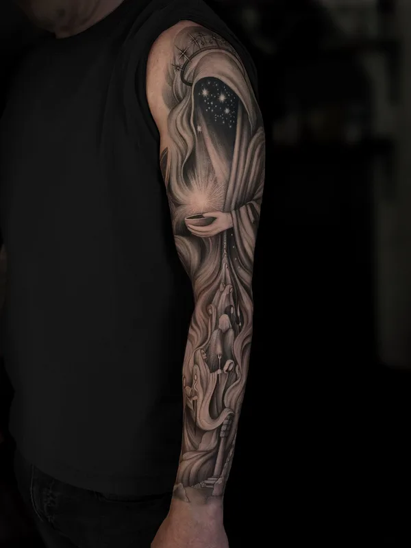 black and grey realism tattoo on full sleeve #99041 | Tattoo Artist Анастасия Шарм