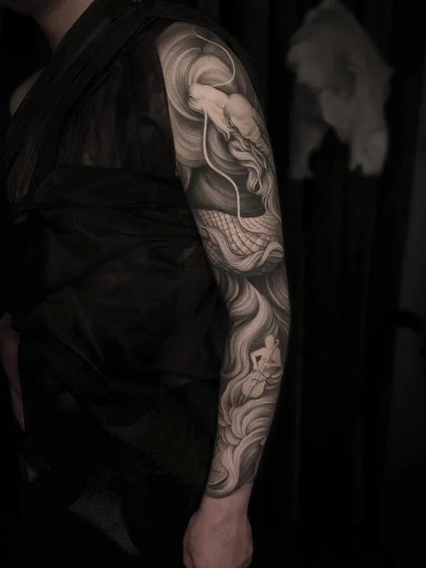black and grey black and grey tattoo on full sleeve #99043 | Tattoo Artist Анастасия Шарм