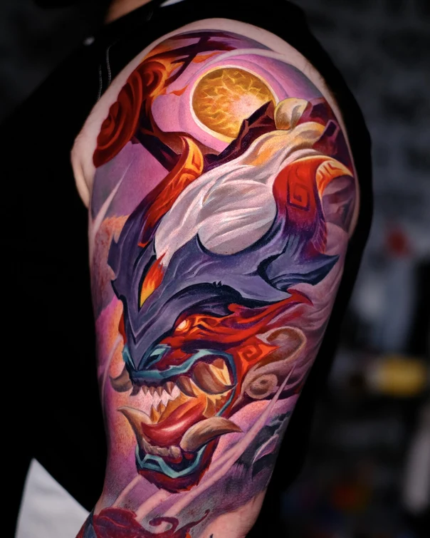 Иллюстративная Demon, Moon tattoo на Полный рукав