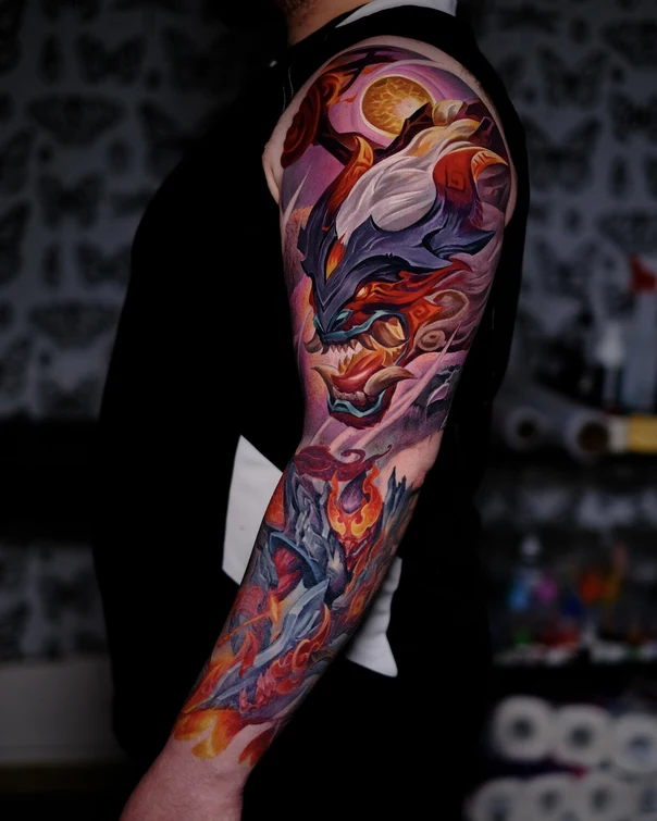 Иллюстративная Creature, Fire tattoo на Полный рукав