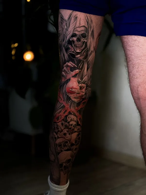 male color realism Tatuagem em full leg #130428 | Tatuador Dmitriy Makabr