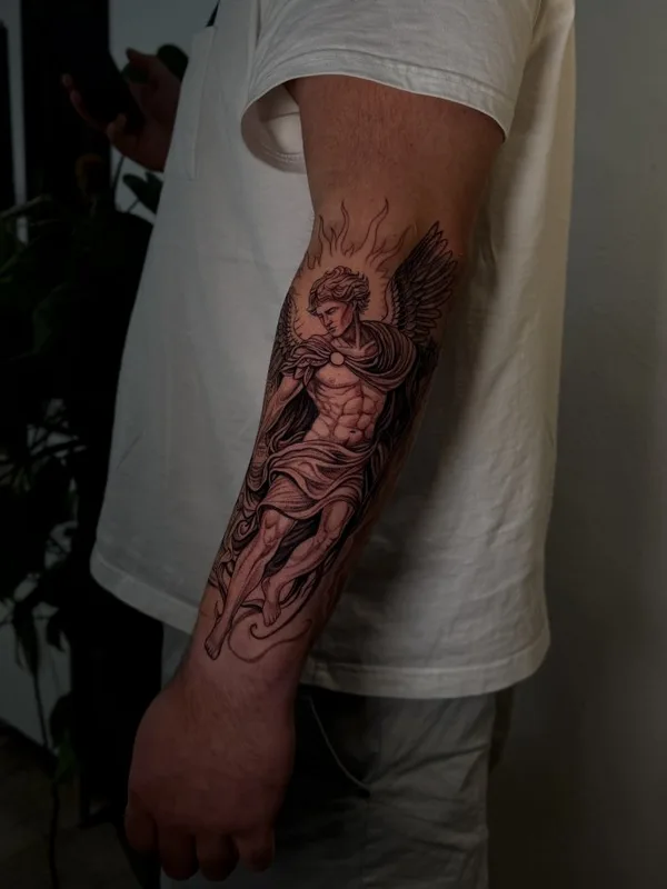 male black and grey illustrative Tatuagem em forearm #130429 | Tatuador Dmitriy Makabr