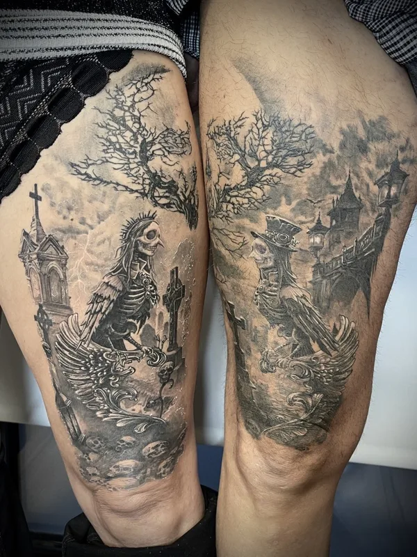 black and grey black and grey татуировка на thigh #128940 | Тату мастер ERIC M.