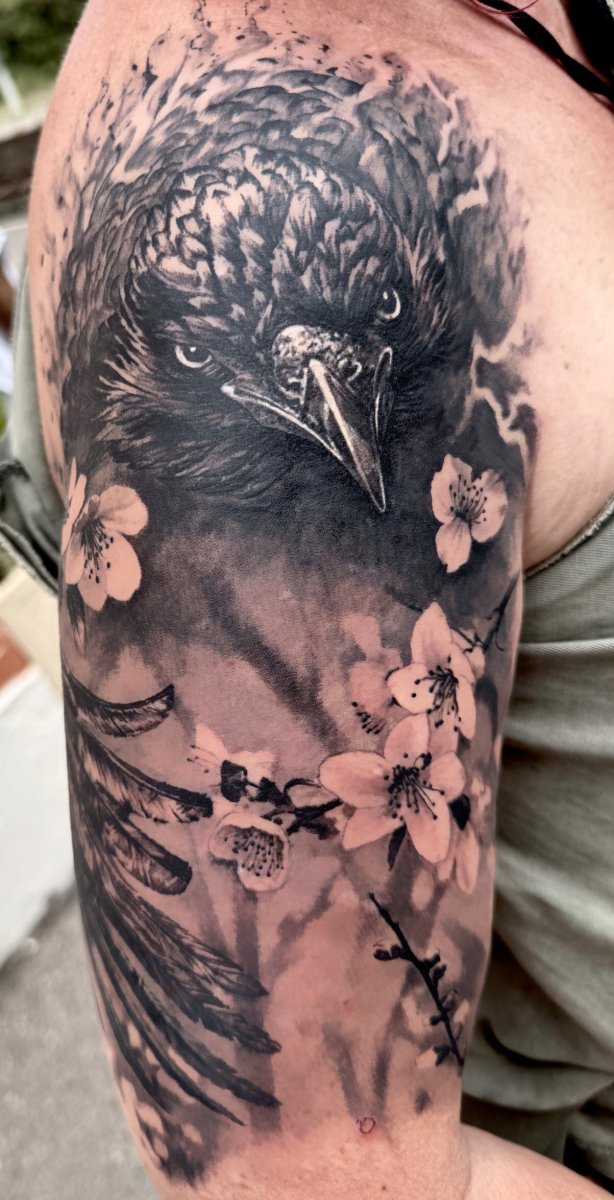 Realism Raven, Cherry blossom tattoo on Half Sleeve