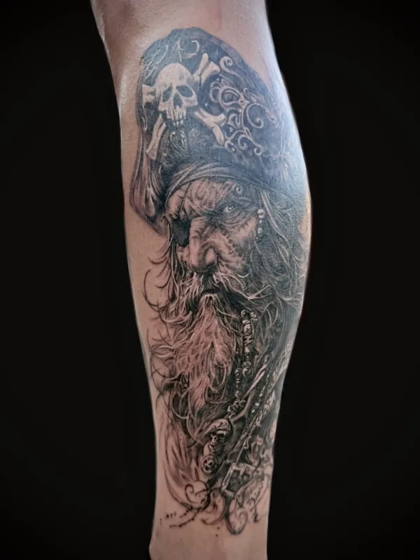 black and grey realism татуировка на calf #130339 | Тату мастер ERIC M.