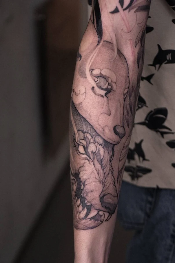 Illustrative Animal, Wolf tattoo on Forearm