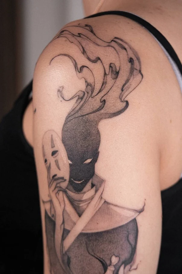 Black & Grey Anime, Character tattoo on Shoulder