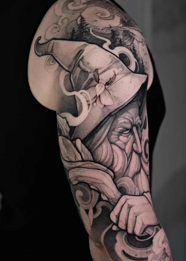 Иллюстративная Wizard, Moth tattoo на Полный рукав