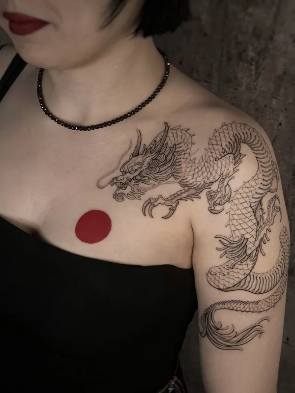 female black and grey japanese tattoo on chest #93400 | Tattoo Artist Инна Мирова 