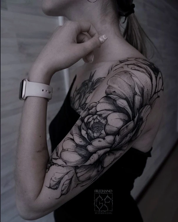 Blackwork Flower, Peony tattoo on Full Sleeve