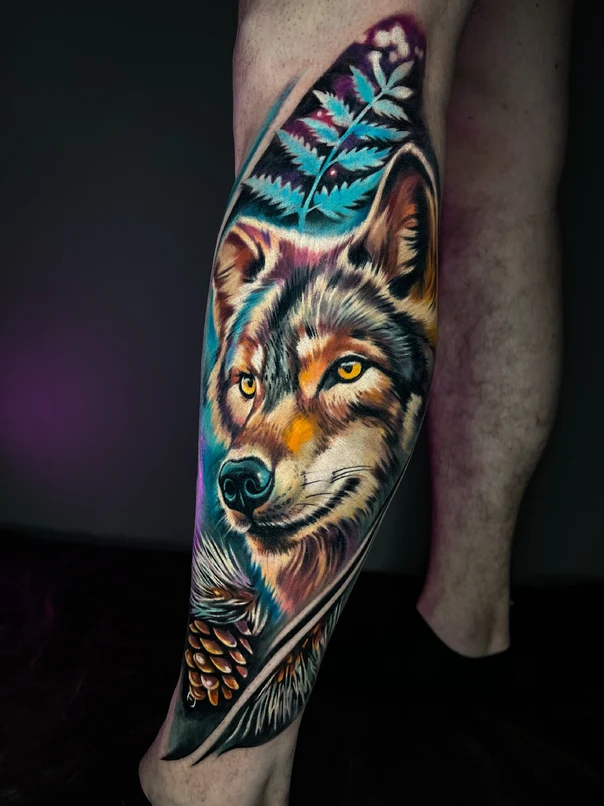 Realism Wolf, Botanic tattoo on Calf