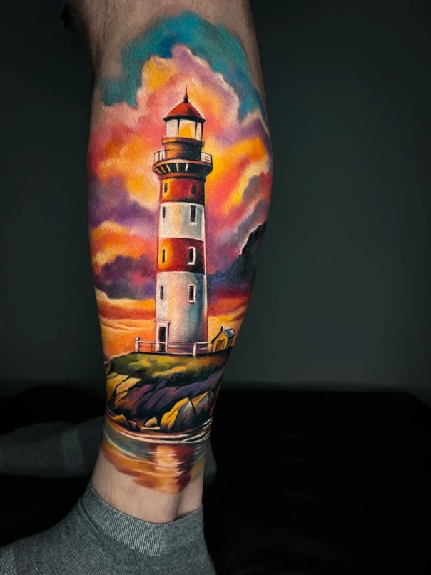 Realism Lighthouse, Landscape tattoo on Calf
