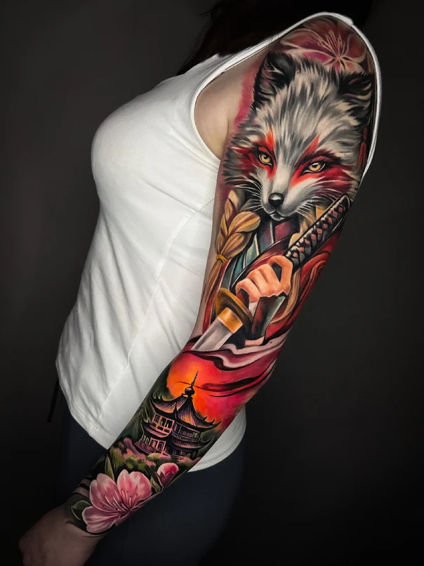 Japanese Fox, Samurai tattoo on Full Sleeve