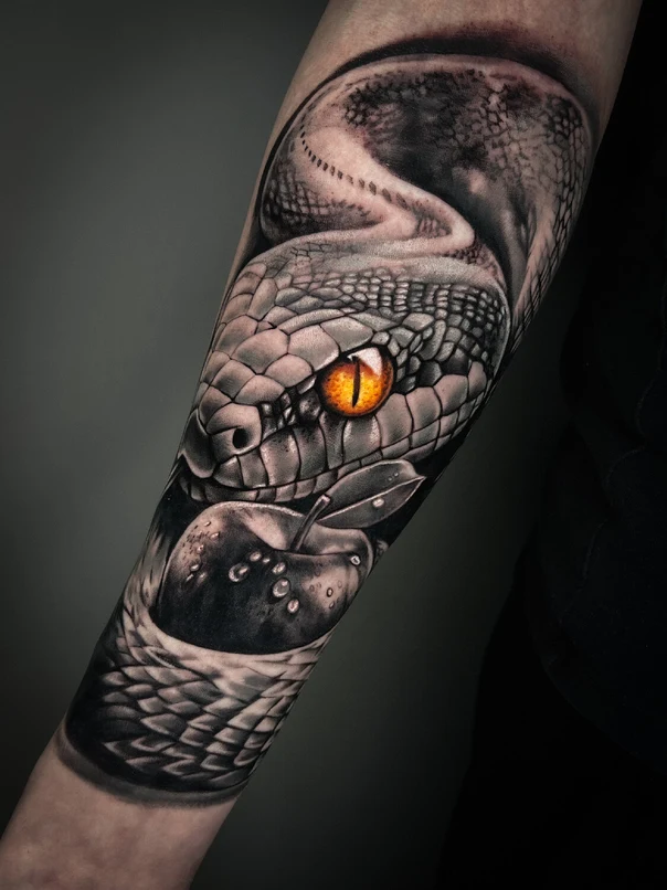 Realism Snake, Apple tattoo on Forearm