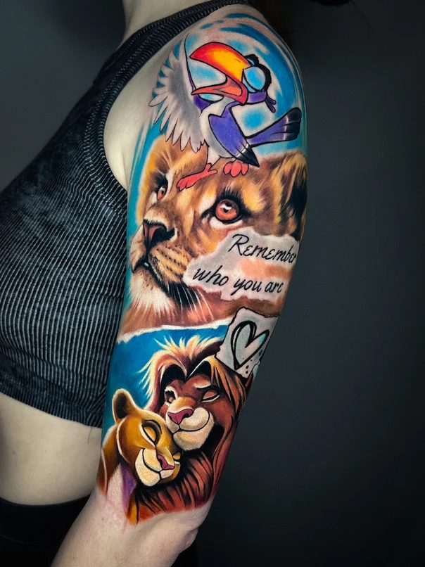 Illustrative Lion, Bird tattoo on Full Sleeve