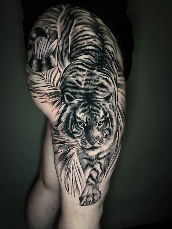 Realism Tiger, Palm leaves tattoo on Thigh
