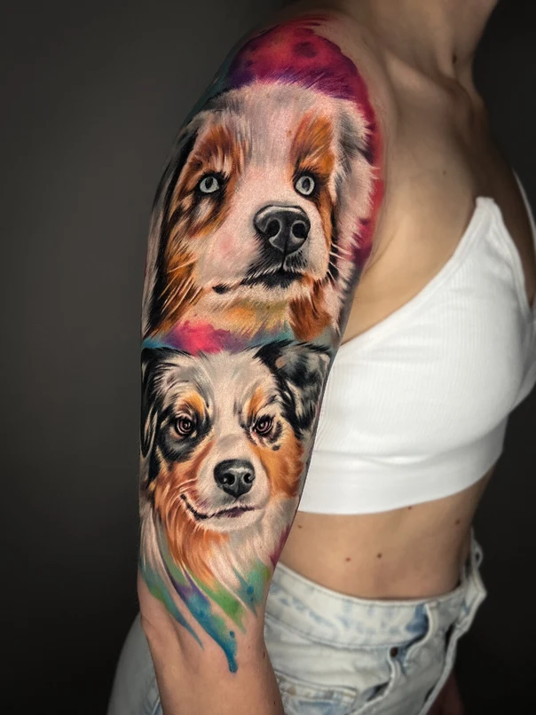 Realism Dog, Portrait tattoo on Upper Arm