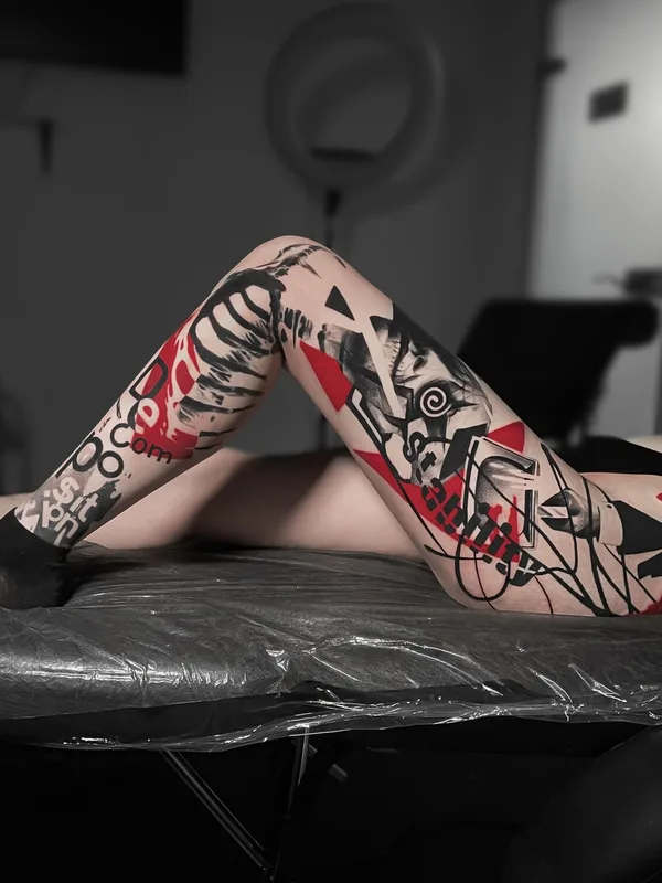 female color abstract tattoo on leg #98031 | Tattoo Artist Alexander Mironenko