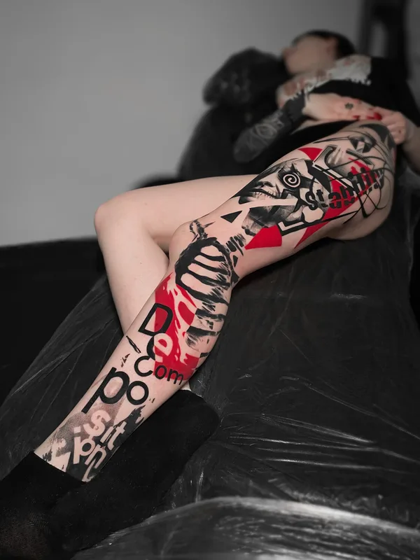 female color trashpolka tattoo on full leg #98032 | Tattoo Artist Alexander Mironenko