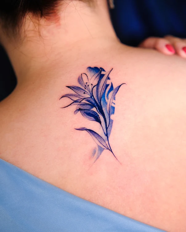 Watercolor Flower, Leaf tattoo on Shoulder Blade
