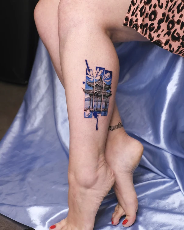 Illustrative Pagoda, Lotus tattoo on Shin