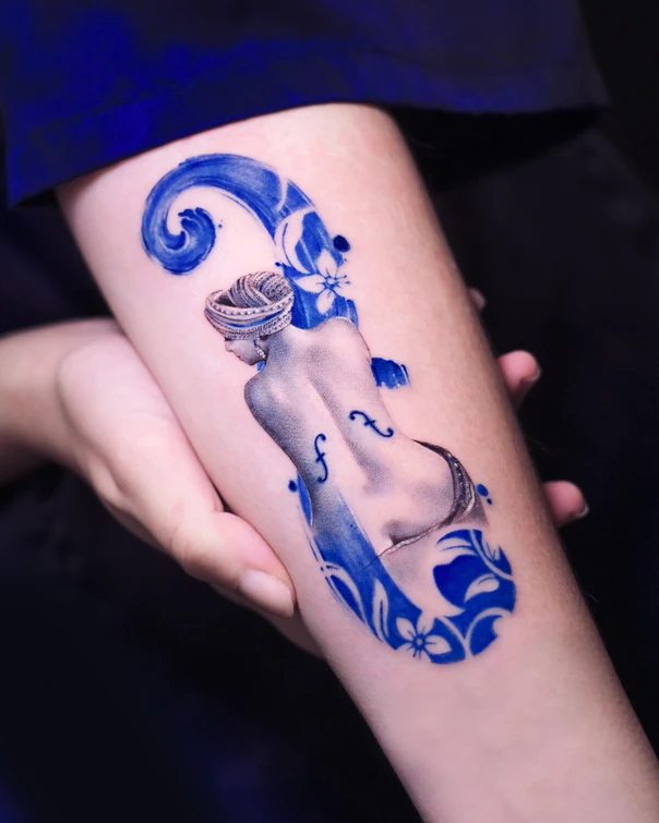 Illustrative Woman, Floral tattoo on Forearm
