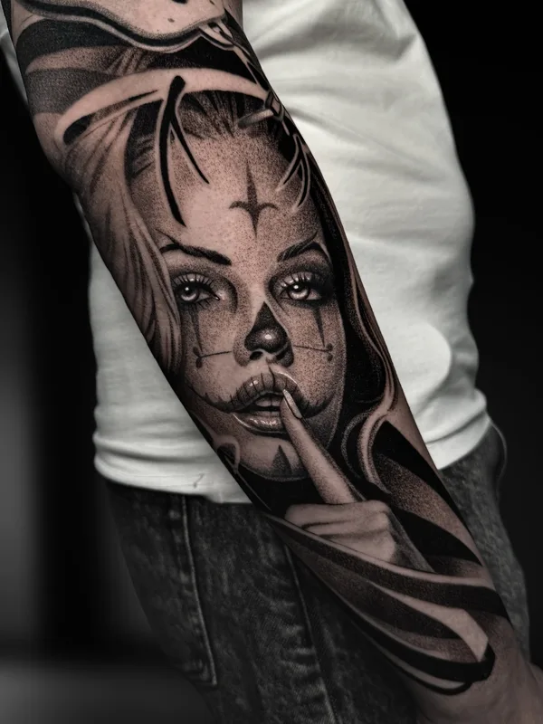 black and grey black and grey Tatuaggio su full sleeve #91119 | Tatuatore Андрей Сухов