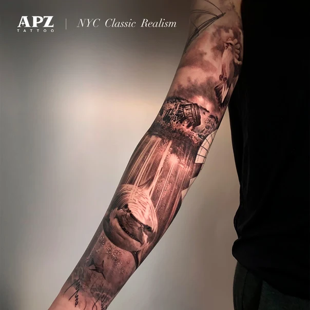 Realism Shark, Waterfall tattoo on Full Sleeve